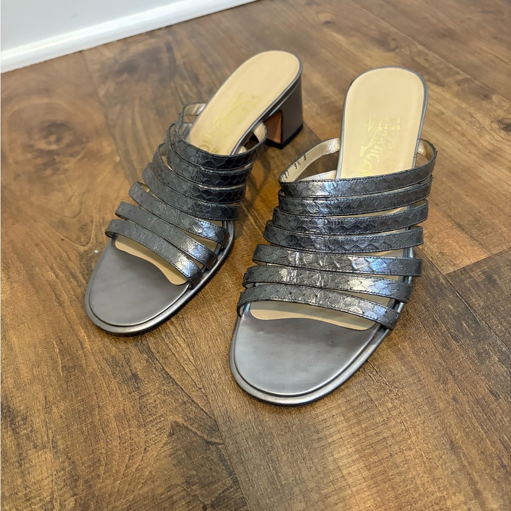 Salvatore Ferragamo Women’s Silver Metallic Animal Print Slide Heels Size 9.5